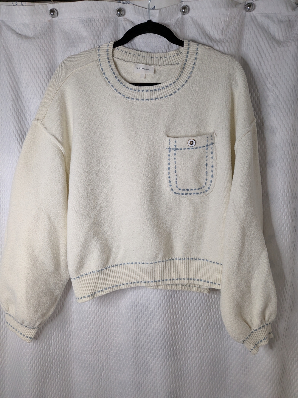 Entro Ivory Knit Contrast Stitch Pocket Sweater Size M